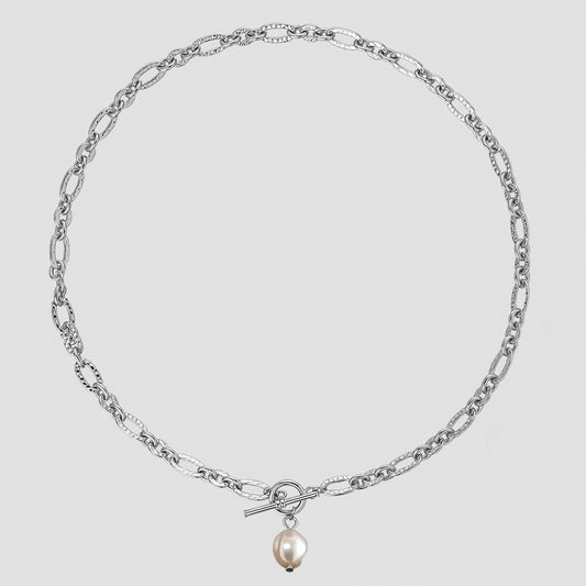 Hollow Wave Pearl Chain Silver/18K Gold Necklace