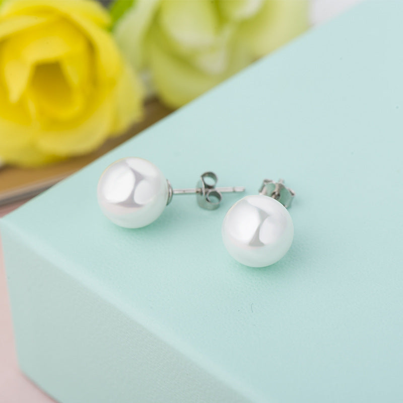 Fashion Silver/18K Gold White Shell Pearl Earrings (6/8mm)