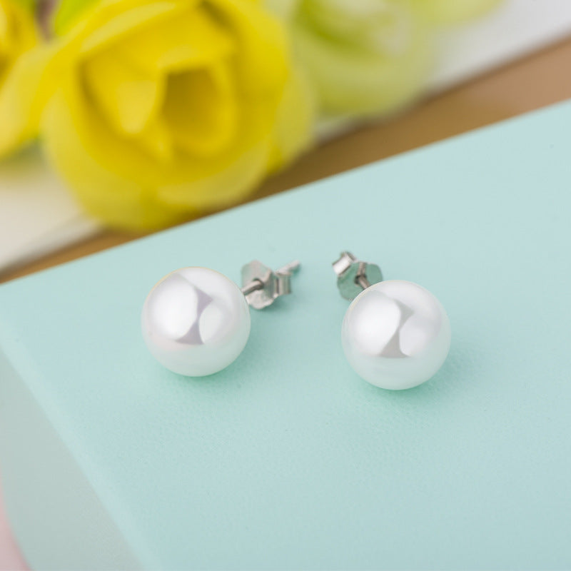 Fashion Silver/18K Gold White Shell Pearl Earrings (6/8mm)