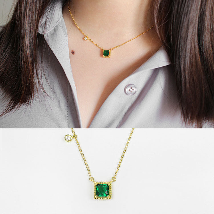 Green Square CZ Silver/Golden Necklace