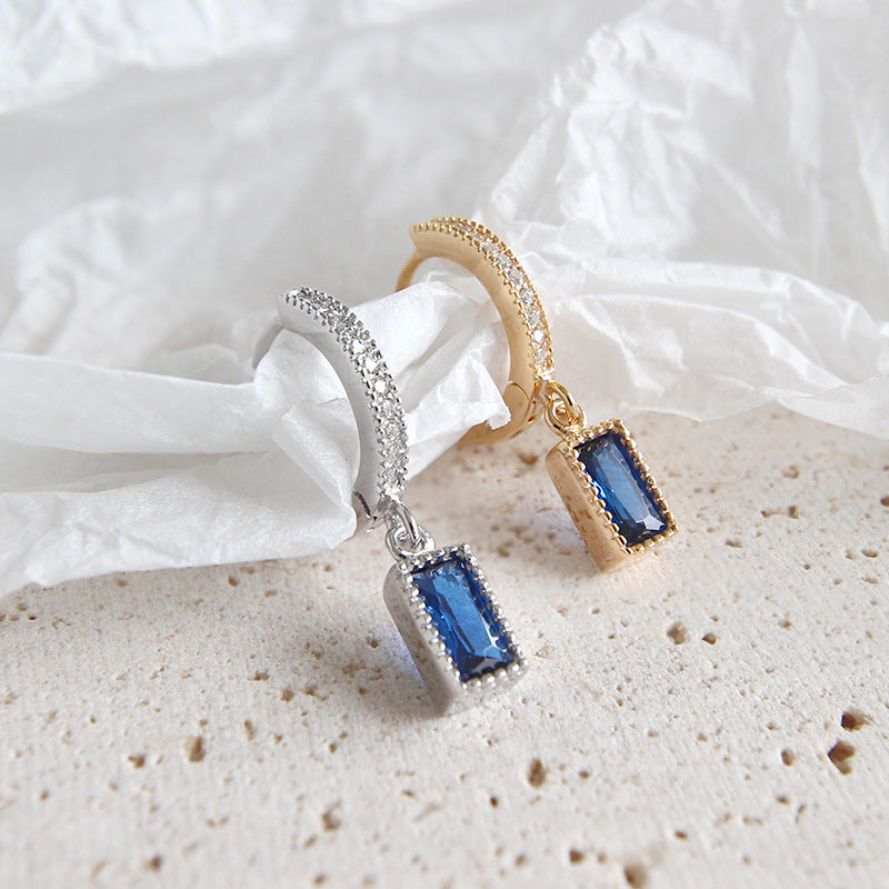 Blue CZ Rectangle Silver/C Gold Earrings (Single Piece)